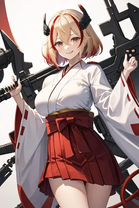 best quality, masterpiece, highres, solo, {white kimono:1.35}, {red hakama:1.35}, {wide sleeves:1.20}, {roon_azurlane:1.15}, multicolored_hair, blonde_hair, streaked_hair, red_hair, short_hair, breasts, smile, large_breasts, hair_between_eyes, brown_eyes, bangs, headgear, cross, iron_cross