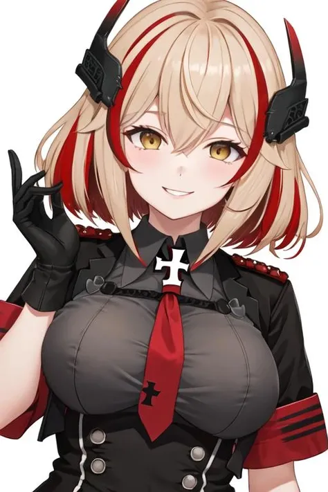 masterpiece, best quality, RoonV4, 1girl, solo, blush, smile, open mouth, simple background, shirt, long sleeves, white background, jacket, closed eyes, upper body, heart, black jacket, headgear, outstretched arms, cross, reaching towards viewer, iron cross