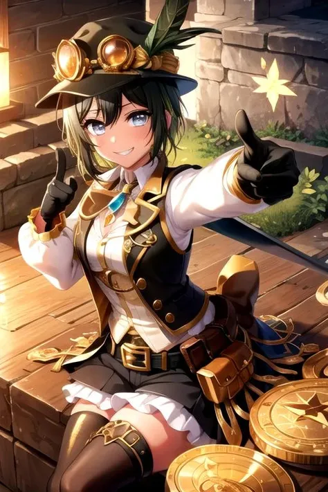 <lora:MahoD4DJ-03:1>,
mahoakashi, looking at viewer, smile, shirt, thighhighs, gloves, long sleeves, hat, jewelry, weapon, boots, lying, shorts, black gloves, belt, sword, on back, necklace, bag, grin, vest, thigh strap, backpack, crown, goggles, single thighhigh, gem, cross-laced footwear, knee up, glint, brown headwear, lace-up boots, hat feather, thumbs up, coin, gold, green gloves, green gemstone, treasure chest, steampunk