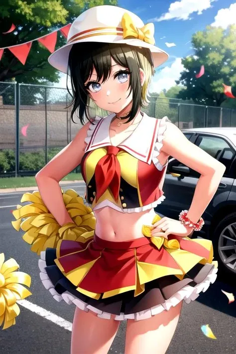 <lora:MahoD4DJ-03:1>,
mahoakashi, looking at viewer, smile, skirt, shirt, hat, bow, navel, holding, bare shoulders, closed mouth, standing, collarbone, cowboy shot, pleated skirt, outdoors, frills, sky, shorts, sleeveless, day, midriff, cloud, miniskirt, sailor collar, stomach, tree, blue sky, crop top, neckerchief, hand on hip, wrist cuffs, sleeveless shirt, leaning forward, red skirt, black shorts, cat, frilled skirt, bike shorts, red shirt, yellow bow, fence, bridal garter, cheerleader, pom pom (cheerleading), confetti, balloon, shorts under skirt