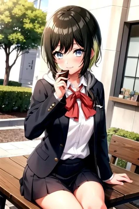 <lora:MahoD4DJ-03:1>,
mahoakashi, looking at viewer, blush, shirt, long sleeves, bow, holding, sitting, school uniform, jacket, white shirt, outdoors, food, open clothes, day, collared shirt, hood, bowtie, red bow, open jacket, tree, black jacket, window, hoodie, chair, phone, table, sunlight, hood down, cellphone, red bowtie, smartphone, gift, lens flare, hand on own face, chocolate, valentine, bush