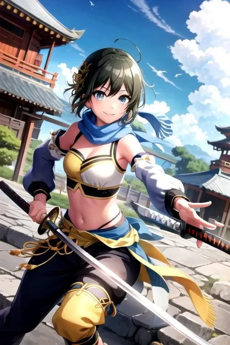 <lora:MahoD4DJ-03:1>,
mahoakashi, looking at viewer, smile, hair ornament, ribbon, navel, holding, cleavage, weapon, outdoors, detached sleeves, sky, day, midriff, pants, sword, cloud, scarf, holding weapon, blue sky, holding sword, katana, architecture, blue scarf, bridge, east asian architecture, unsheathing