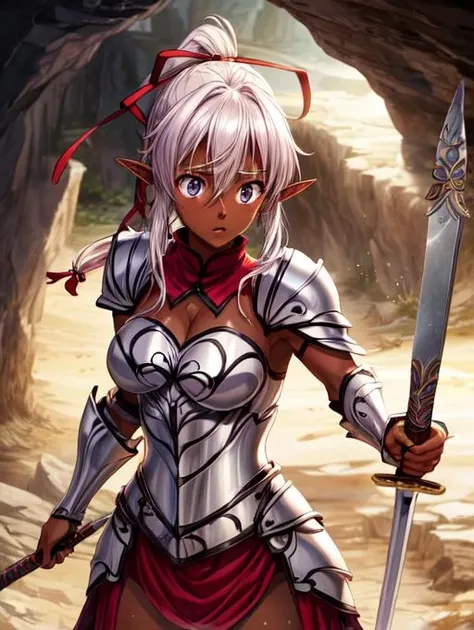 best quality, masterpiece, highres, detailed, perfect anatomy, <lora:Detail - add_detail:0.2>, AishaU, armor, cave, inside, scared, breastplate, skirt , <lora:AishaU-10:0.8>, dark skin, elf, ponytail, ribbon, holding sword,