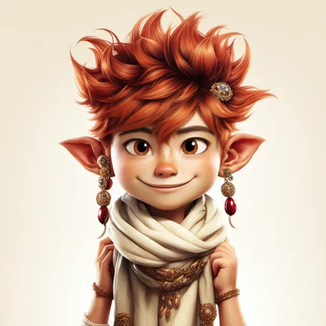 <lora:xiaoka:0.9>,xh,solo,male focus,1boy,freckles,smile,red hair,upper body,jewelry,looking at viewer,scarf,simple background,earrings,brown eyes,white background,