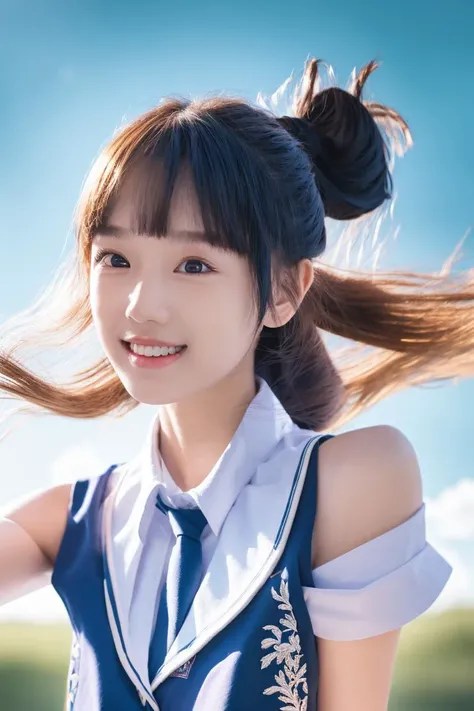 <(masterpiece, realistic:1.3), (extremely intricate:1.2)>, <(masterpiece, realistic:1.3), (extremely intricate:1.2)>, portrait of a girl, floating hair, wind, cloud, sunlight, ponytail, light smile, school uniform, cinematic light, (bangs:1.2), looking at viewers, fantasy background, (bare shoulder:1.2), <lora:iuftw:0.7>