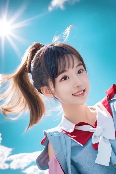 <(masterpiece, realistic:1.3), (extremely intricate:1.2)>, <(masterpiece, realistic:1.3), (extremely intricate:1.2)>, portrait of a girl, floating hair, wind, cloud, sunlight, ponytail, light smile, school uniform, cinematic light, (bangs:1.2), looking at viewers, fantasy background, (bare shoulder:1.2), <lora:iuftw:0.7>