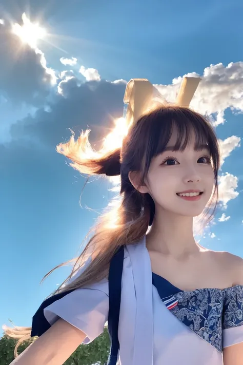 <(masterpiece, realistic:1.3), (extremely intricate:1.2)>, <(masterpiece, realistic:1.3), (extremely intricate:1.2)>, portrait of a girl, floating hair, wind, cloud, sunlight, ponytail, light smile, school uniform, cinematic light, (bangs:1.2), looking at viewers, fantasy background, (bare shoulder:1.2), <lora:iuftw:0.7>