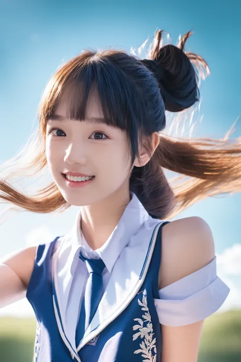 <(masterpiece, realistic:1.3), (extremely intricate:1.2)>, <(masterpiece, realistic:1.3), (extremely intricate:1.2)>, portrait of a girl, floating hair, wind, cloud, sunlight, ponytail, light smile, school uniform, cinematic light, (bangs:1.2), looking at viewers, fantasy background, (bare shoulder:1.2), <lora:iuftw:0.7>