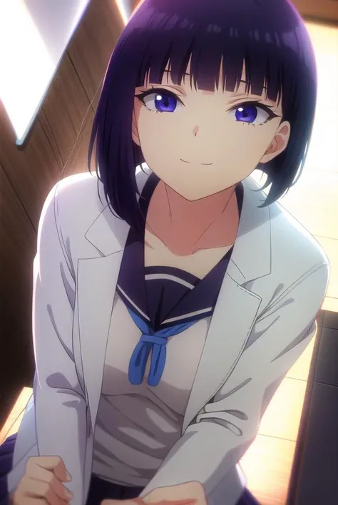 inarisakihira, <lora:inari sakihira s1-lora-nochekaiser:1>,
inari sakihira, short hair, (purple eyes:1.1), purple hair, smile,
BREAK skirt, school uniform, serafuku, labcoat,
BREAK indoors, classroom,
BREAK looking at viewer,
BREAK <lyco:GoodHands-beta2:1>, (masterpiece:1.2), best quality, high resolution, unity 8k wallpaper, (illustration:0.8), (beautiful detailed eyes:1.6), extremely detailed face, perfect lighting, extremely detailed CG, (perfect hands, perfect anatomy),