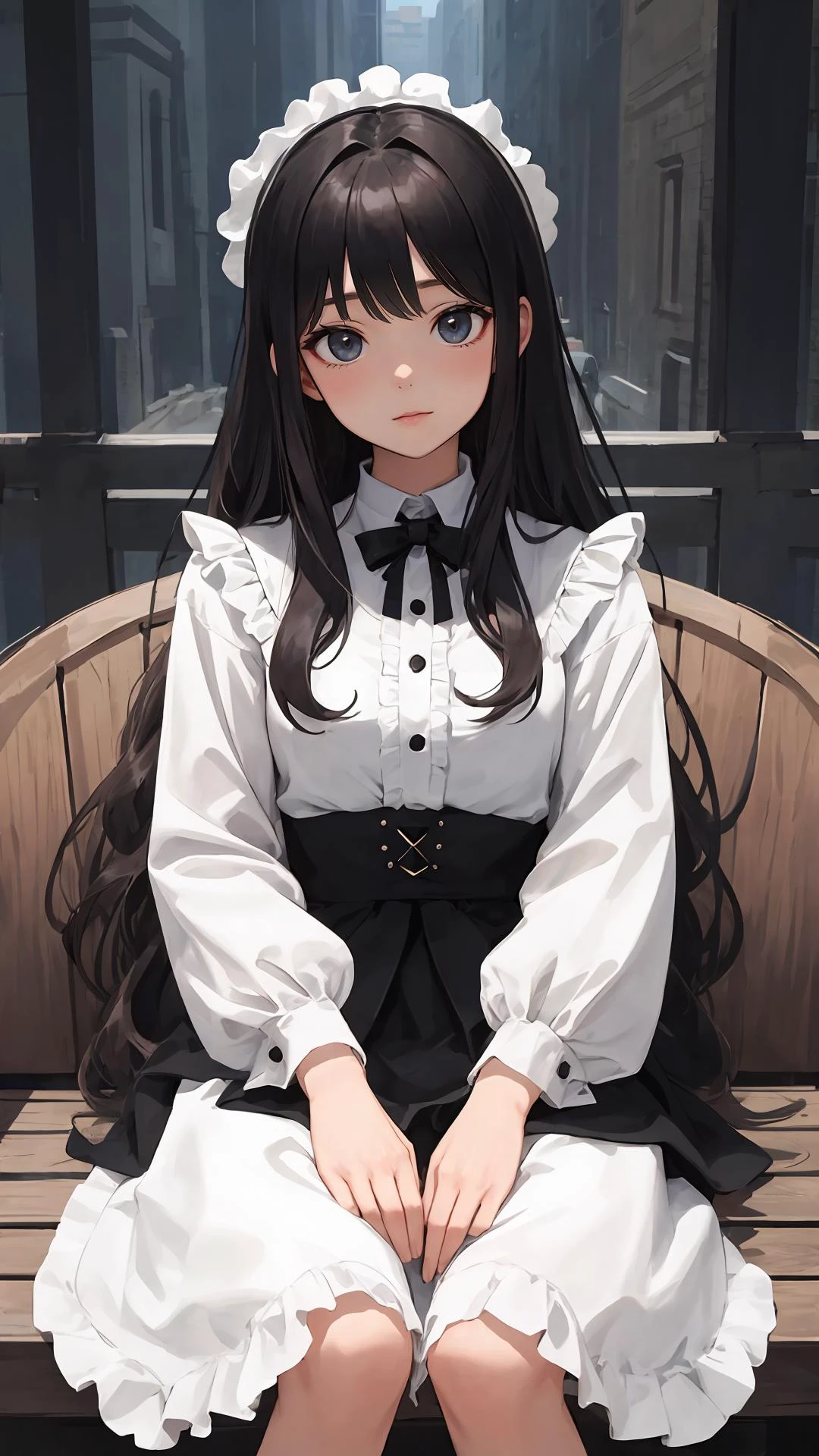 masterpiece, best quality, looking at viewer, long hair, outdoors, (wavy hair:0.7),
black theme, frills,