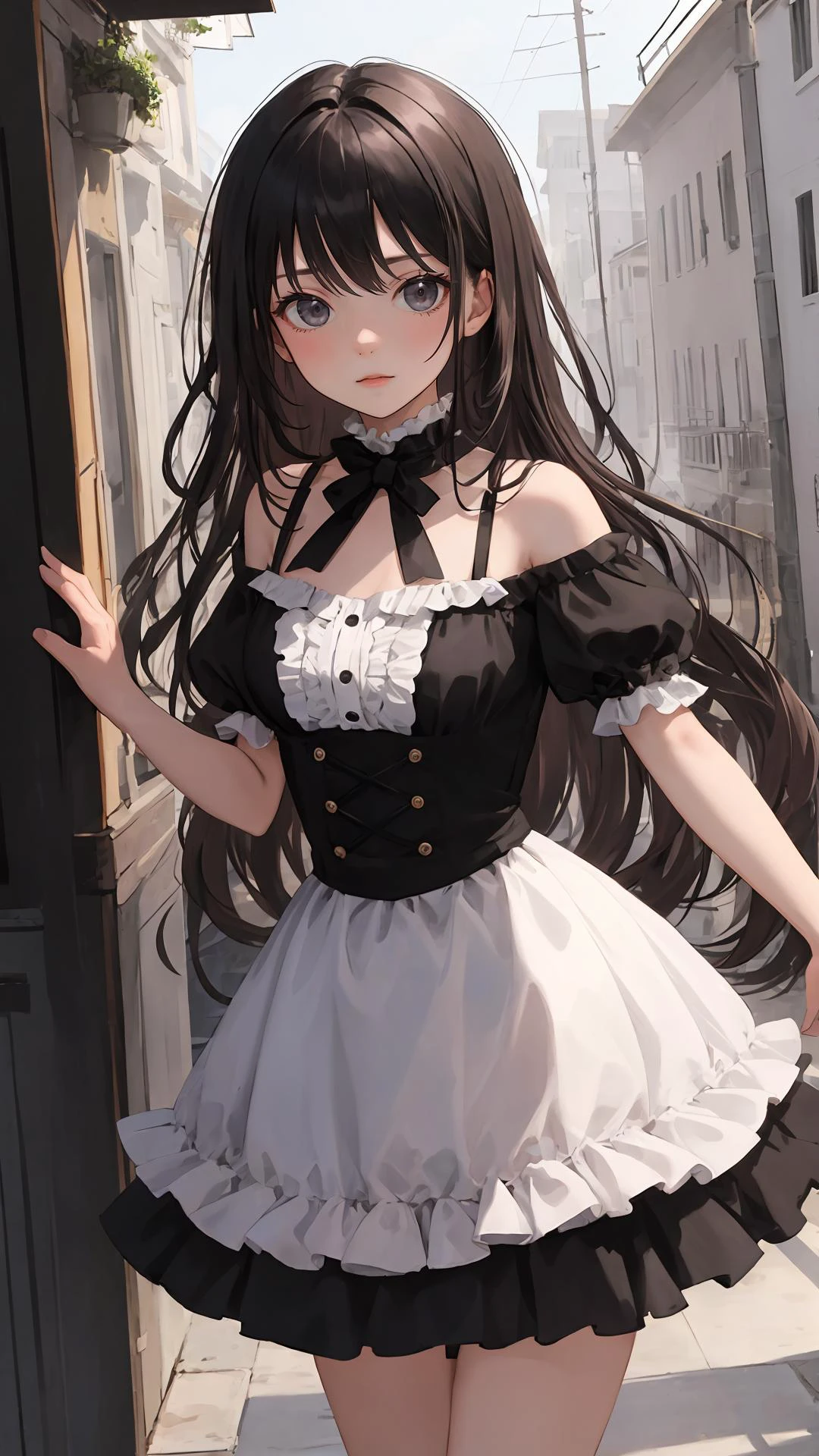 masterpiece, best quality, looking at viewer, long hair, outdoors, (wavy hair:0.7),
black theme, frills, cowboy shot,