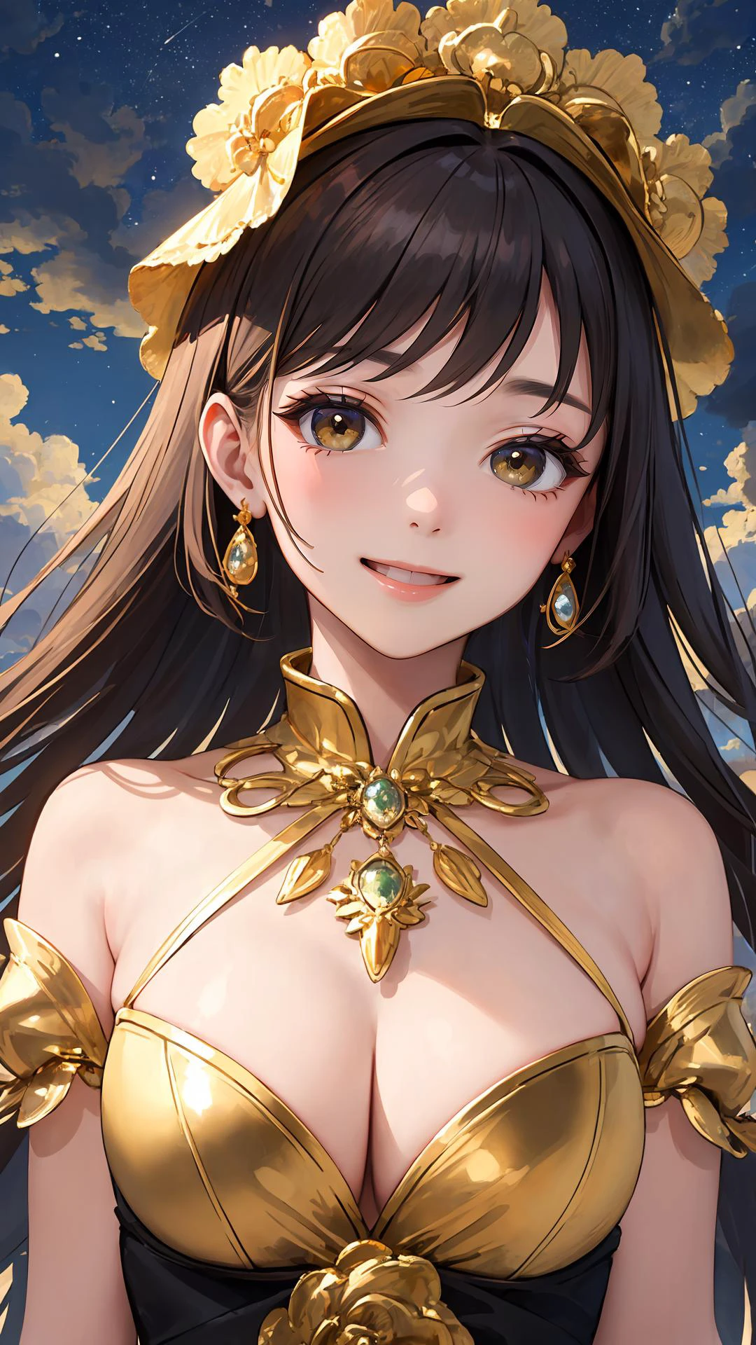 (masterpiece, best quality:1.2), (looking at viewer), happy face, gold theme, night, cloudy sky,