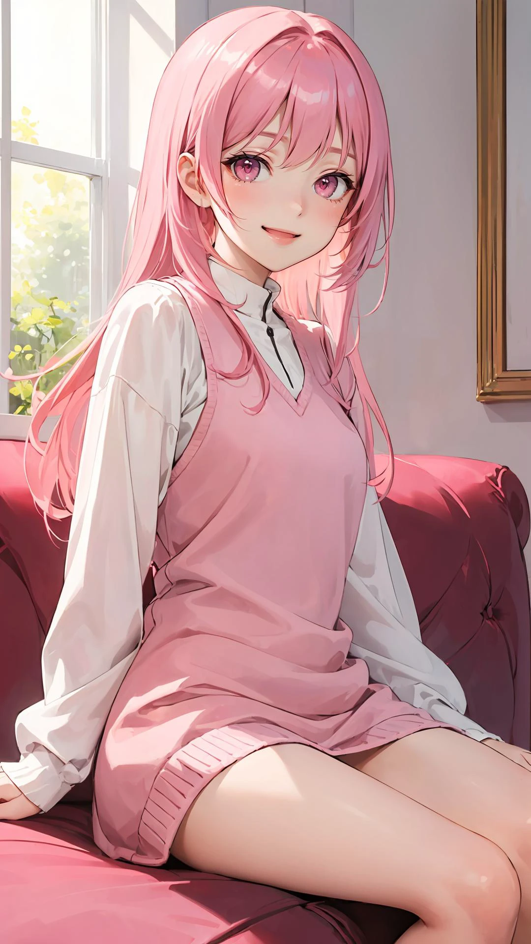 (masterpiece, best quality:1.2), (looking at viewer), happy face, pink theme, cowboy shot, sitting on sofa, indoors, sunlight, pink hair, pink eyes,