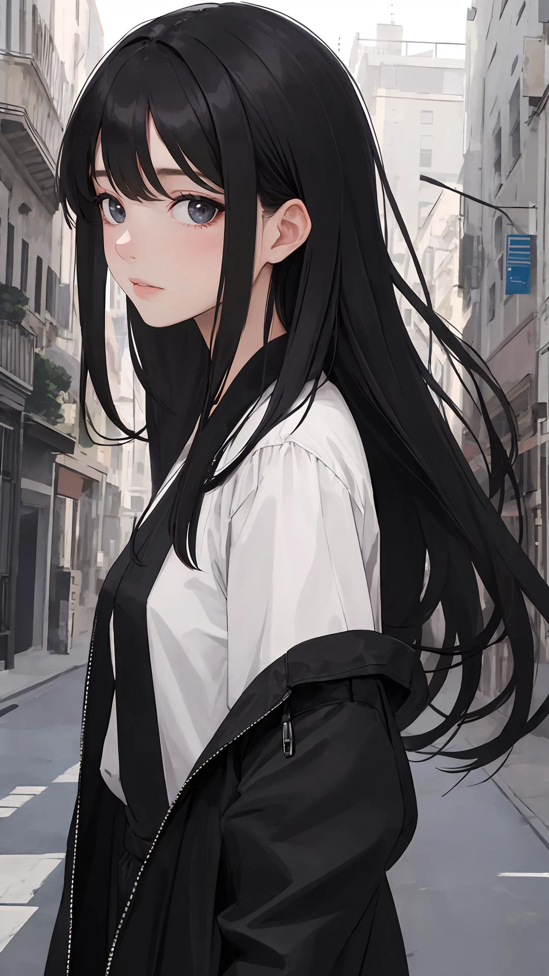masterpiece, best quality, looking at viewer, long hair, outdoors, (wavy hair:0.7),
black theme,