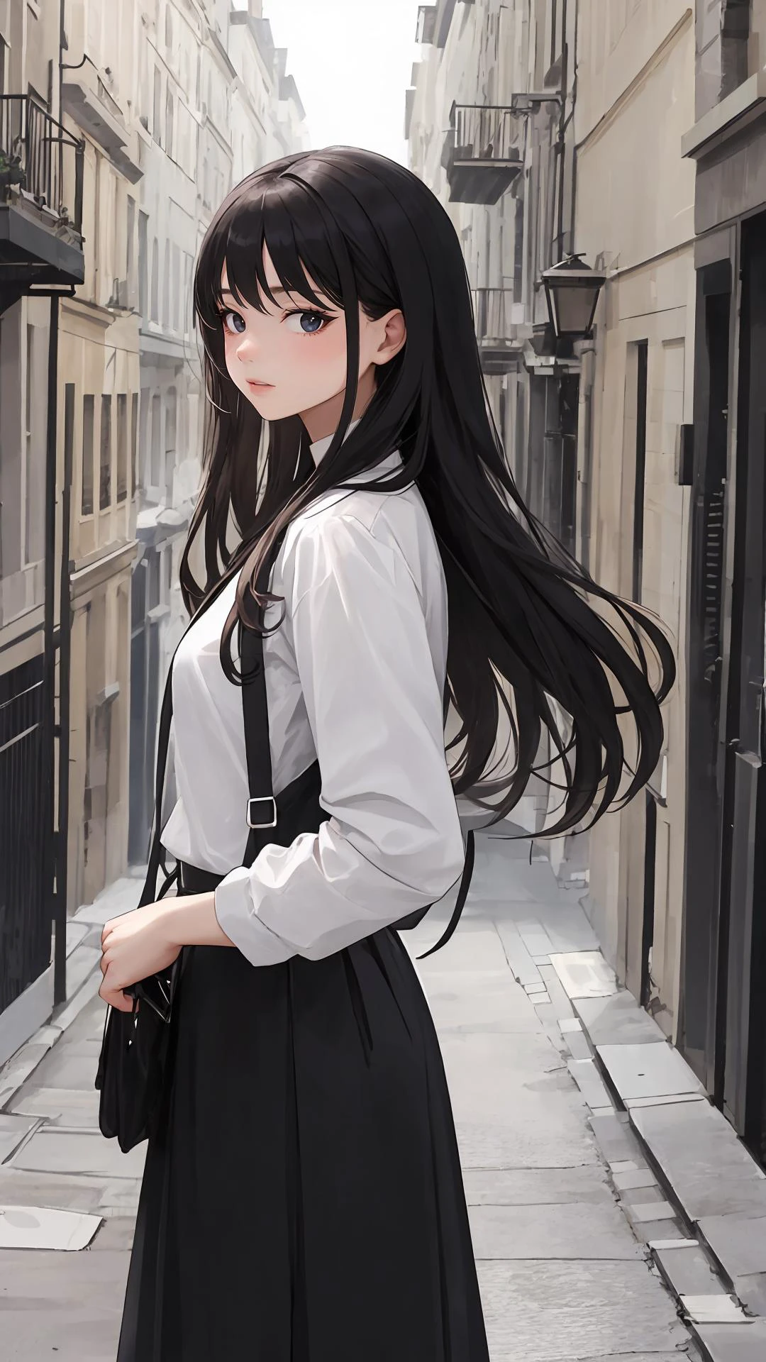 masterpiece, best quality, looking at viewer, long hair, outdoors, (wavy hair:0.7),
black theme,