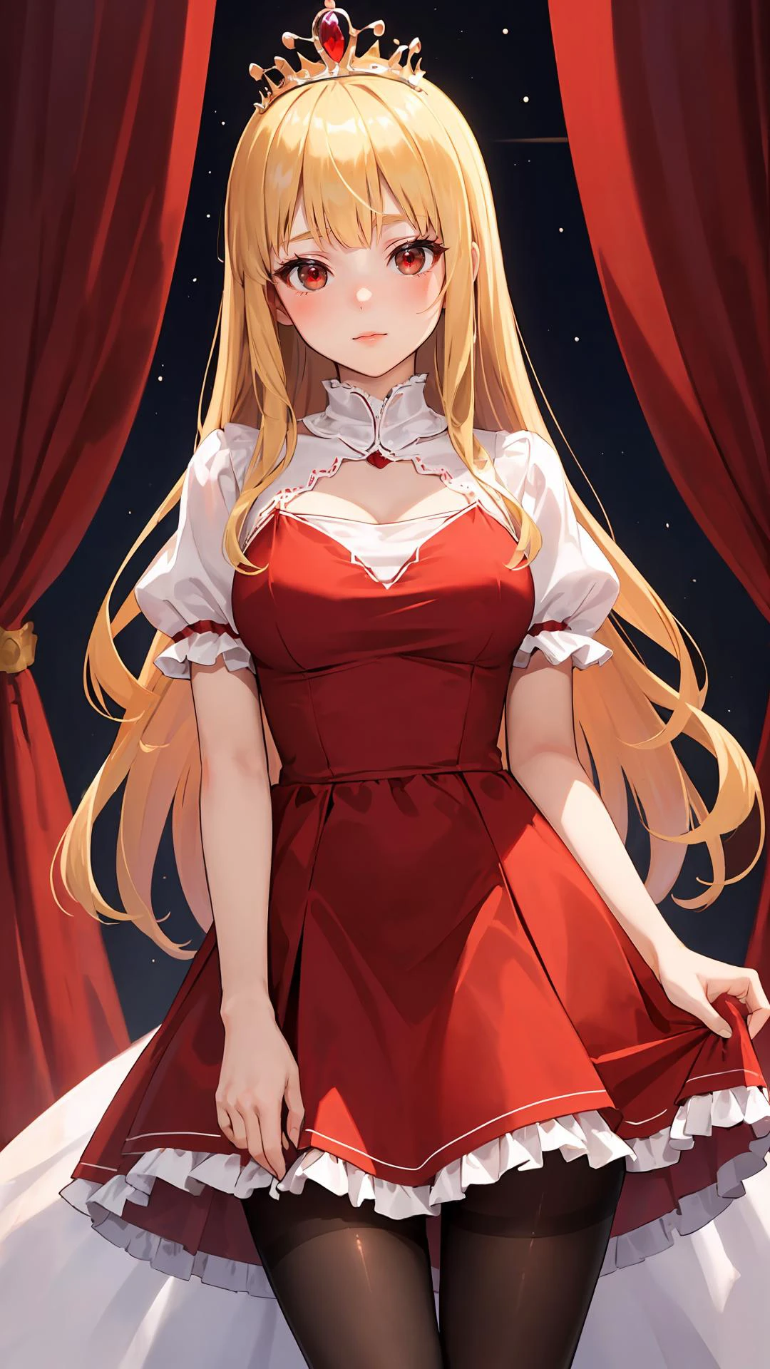 (masterpiece, best quality:1.2), (looking at viewer), princess, tiara, red theme, long dress, blonde hair, red eyes, pantyhose, palace, frills, cowboy shot,