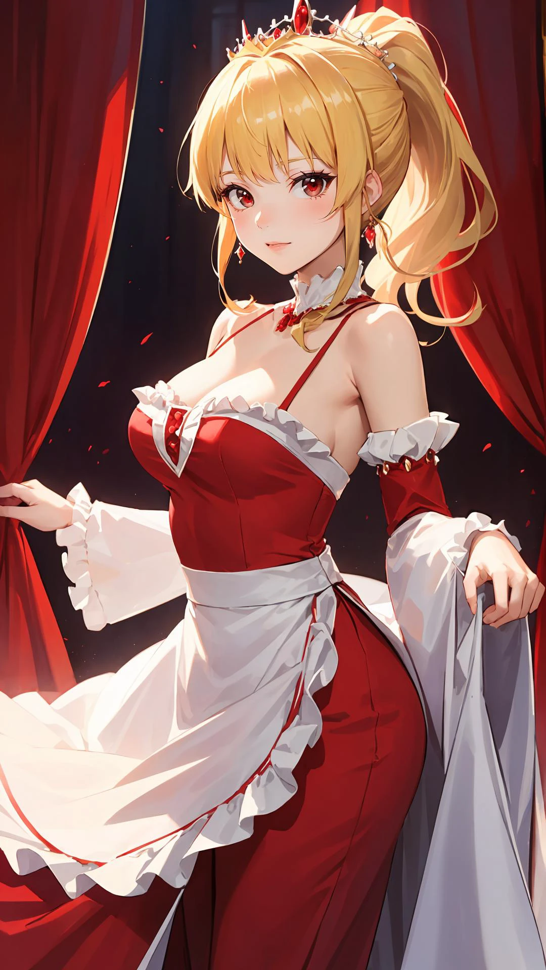 (masterpiece, best quality:1.2), (looking at viewer), princess, tiara, red theme, long dress, blonde hair, red eyes, palace, frills, cowboy shot, ponytail,
