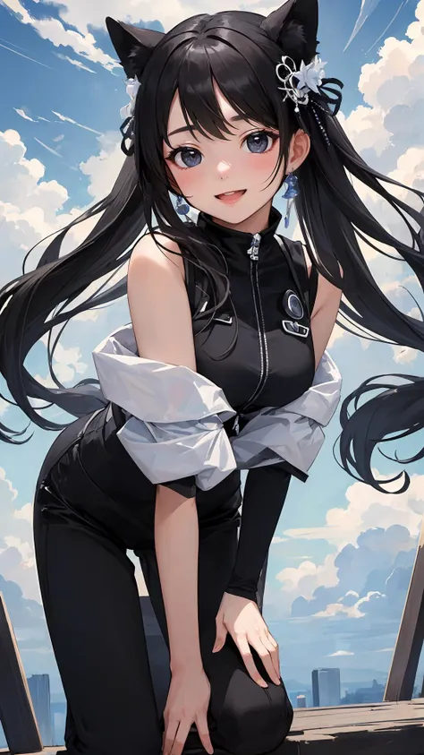 (masterpiece, best quality:1.2), (looking at viewer), happy face, black theme, cloudy sky,