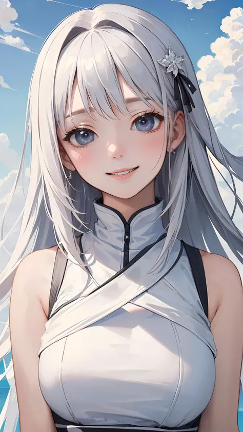(masterpiece, best quality:1.2), (looking at viewer), happy face, white theme, cloudy sky,