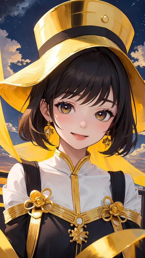 (masterpiece, best quality:1.2), (looking at viewer), happy face, gold theme, night, cloudy sky,