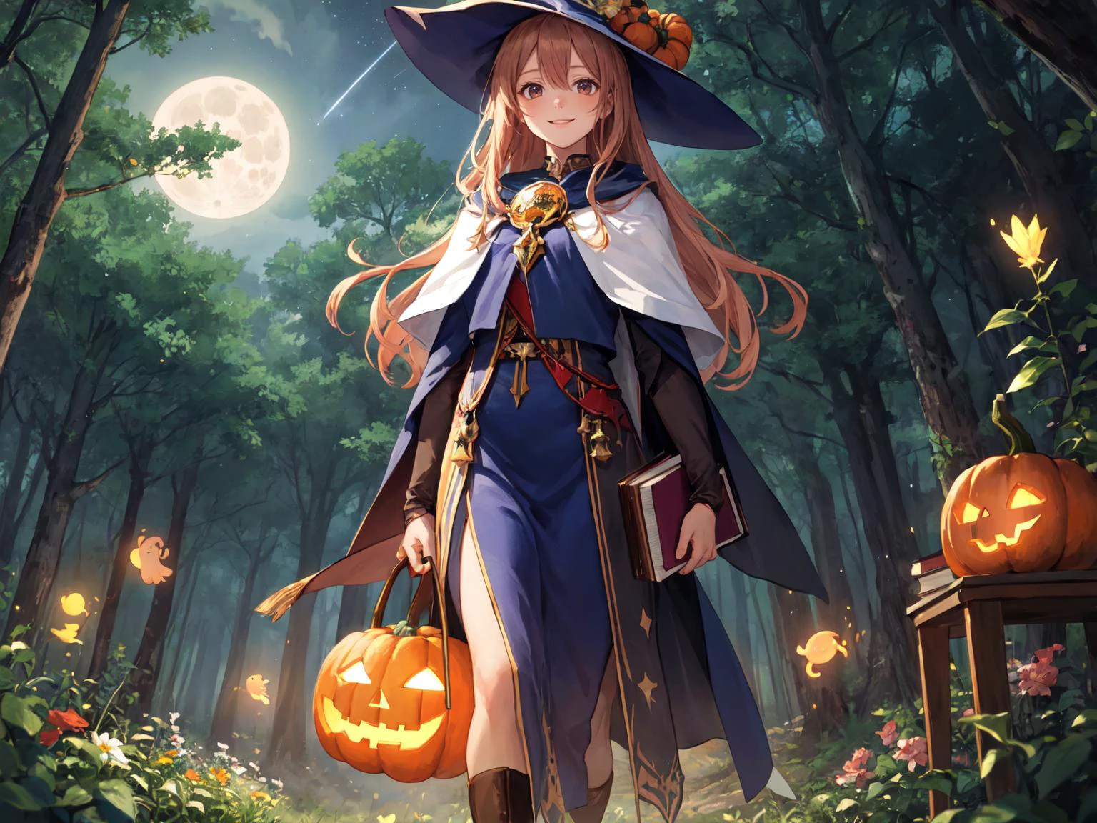 (masterpiece, top quality, best quality,official art, beautiful and aesthetic:1.2),
(1girl:1.3), vibrant colors, dense forest, ritual, prayer, moonlight , luminous effects, sidelight,
(smile,dusk)
(looking at viewer),
(wizard:1.3), Wizard hat, danger, book,
A pumpkin ghost is wandering around
In the depths of the forest, beautiful flowers and bushes can be seen, along with towering trees
The sky is adorned with a large moon and shimmering starlight, with shooting stars falling
Small animals can be seen around
The wizard is peering around, carrying a mysterious aura
<lora:add_detail:0.2>