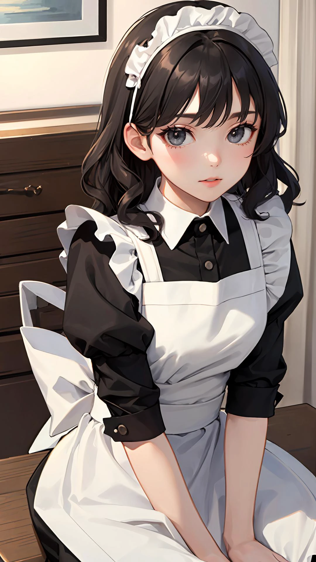 (masterpiece, best quality:1.2), looking at viewer, wavy hair, (bright skin:1.2), {indoors|outdoors}, {day|night}, {upper body|cowboy shot}, grey eyes,
black hair, maid, sitting,