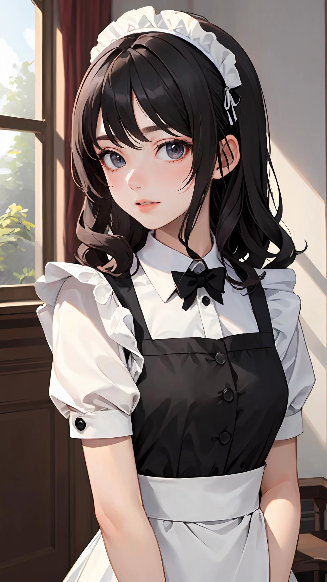 (masterpiece, best quality:1.2), looking at viewer, wavy hair, (bright skin:1.2), {indoors|outdoors}, {day|night}, {upper body|cowboy shot|full body}, grey eyes,
black hair, maid,