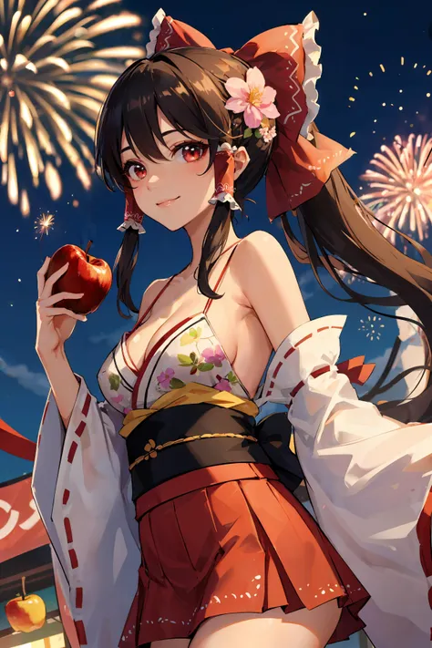 masterpiece, best quality, 1girl, hakurei reimu, black hair, ponytail, (holding apple:1.1), medium breasts, shiny earrings, print kimono:1.3, flower pattern:1.5, spaghetti strap, short skirt, cleavage, hair flower, flower detail, detail background, summer festival, koinobori, nightlight, fireworks, sky,