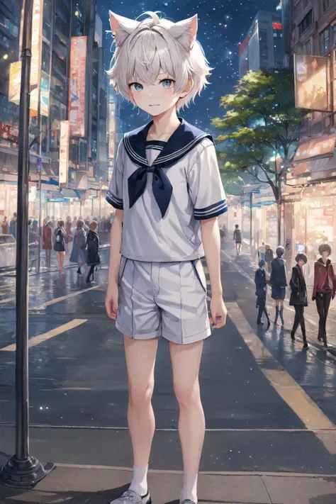 masterpice, best quality, 1boy, ((solo)), looking at viewer, cat ears, sailor_collar, messy hair, bangs, short hair, serafuku, sailor shirt, full body, background of a city scape, pedestrians, soft lights, realistic lights, white hair, young, <lora:out4:0.9>