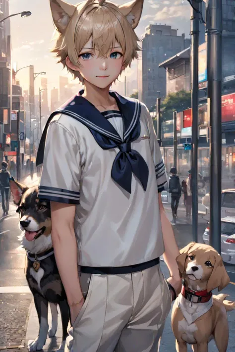 masterpice, best quality, 1boy,  ((solo)), looking at viewer, dog ears, sailor_collar,  serafuku, sailor shirt, half body, background of a city scape, pedestrians, soft lights, realistic lights, <lora:out4:0.9>
