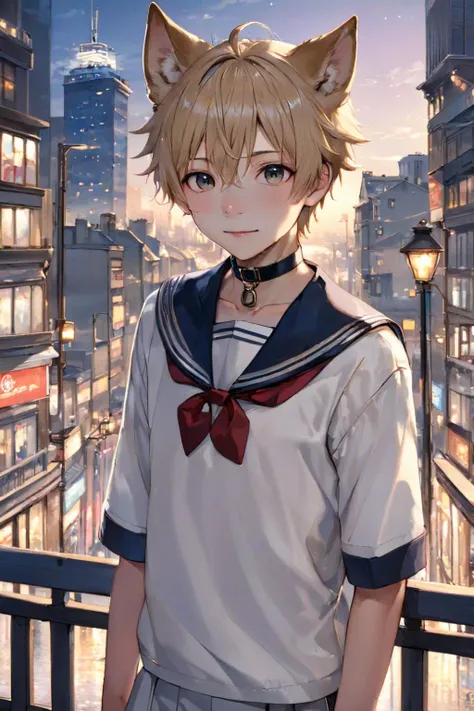 masterpice, best quality, 1boy, ((solo)), looking at viewer, dog ears, sailor_collar, serafuku, sailor shirt, half body, background of a city scape, pedestrians, soft lights, realistic lights, <lora:out4:0.9>