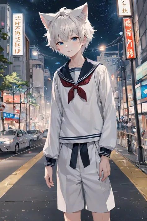masterpice, best quality, 1boy, ((solo)), looking at viewer, cat ears, sailor_collar, messy hair, bangs, short hair, serafuku, sailor shirt, full body, background of a city scape, pedestrians, soft lights, realistic lights, white hair, <lora:out4:0.9>