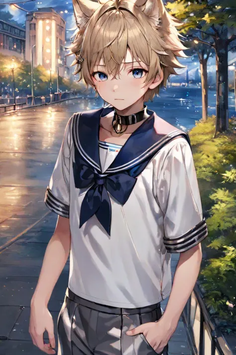 masterpice, best quality, 1boy, ((solo)), looking at viewer, spiked_hair, sailor_collar, serafuku, sailor shirt, half body, background of a ciry scape, pedestrians, soft lights, realistic lights, <lora:out4:1>