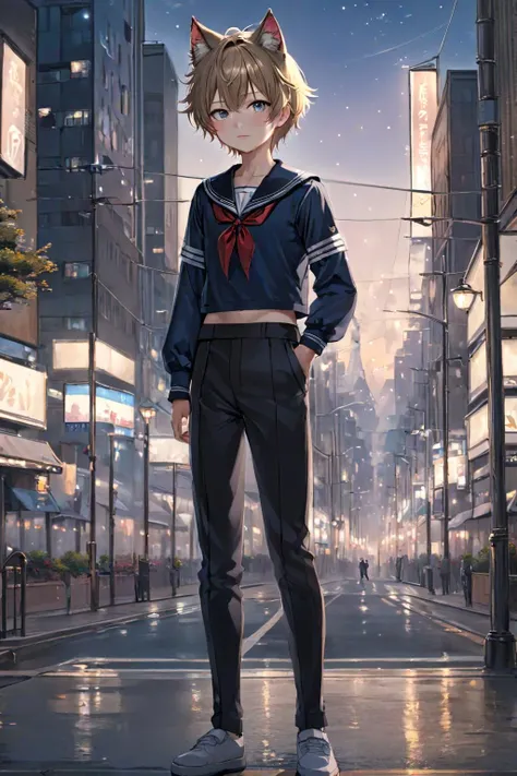 masterpice, best quality, 1boy, ((solo)), looking at viewer, cat ears, sailor_collar, messy hair, bangs, short hair, serafuku, sailor shirt, hands in hips, background of a city scape, pedestrians, soft lights, realistic lights, <lora:out4:0.9>