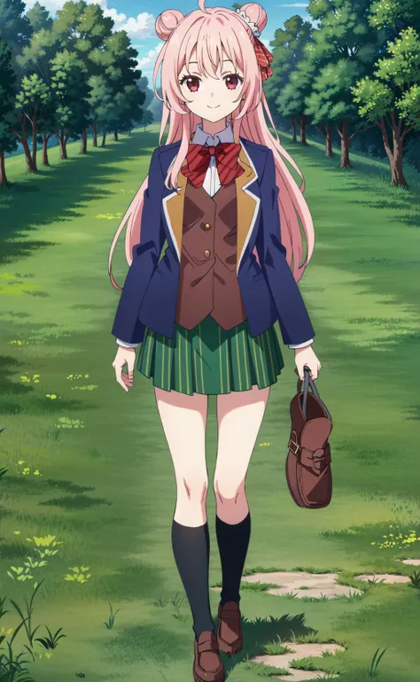 best quality,masterpiece,highres,walking,solo,(grass:1.3),<lyco:砂糖locon:0.7>,shatang, 1girl, solo, jacket, full body, shoes, Black pantyhose,smile, brown footwear, looking at viewer, standing, striped skirt, loafers, pleated skirt, blazer, closed mouth, shirt, kneehighs, black socks, arms at sides, vest