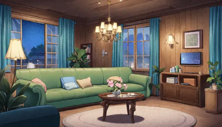 The image depicts a cozy living room setting during the night. A large green couch occupies the center, accompanied by a smaller green armchair. A glass coffee table stands between them, holding a variety of items including a vase with a pink flower, a book, a plate with a cup, and a small television. The room has wooden paneling and is illuminated by a chandelier hanging from the ceiling. The window on the left is draped with blue curtains, and through it, we can see a starry night sky. A potted plant with green leaves stands next to the window, and a door on the right leads to another room.