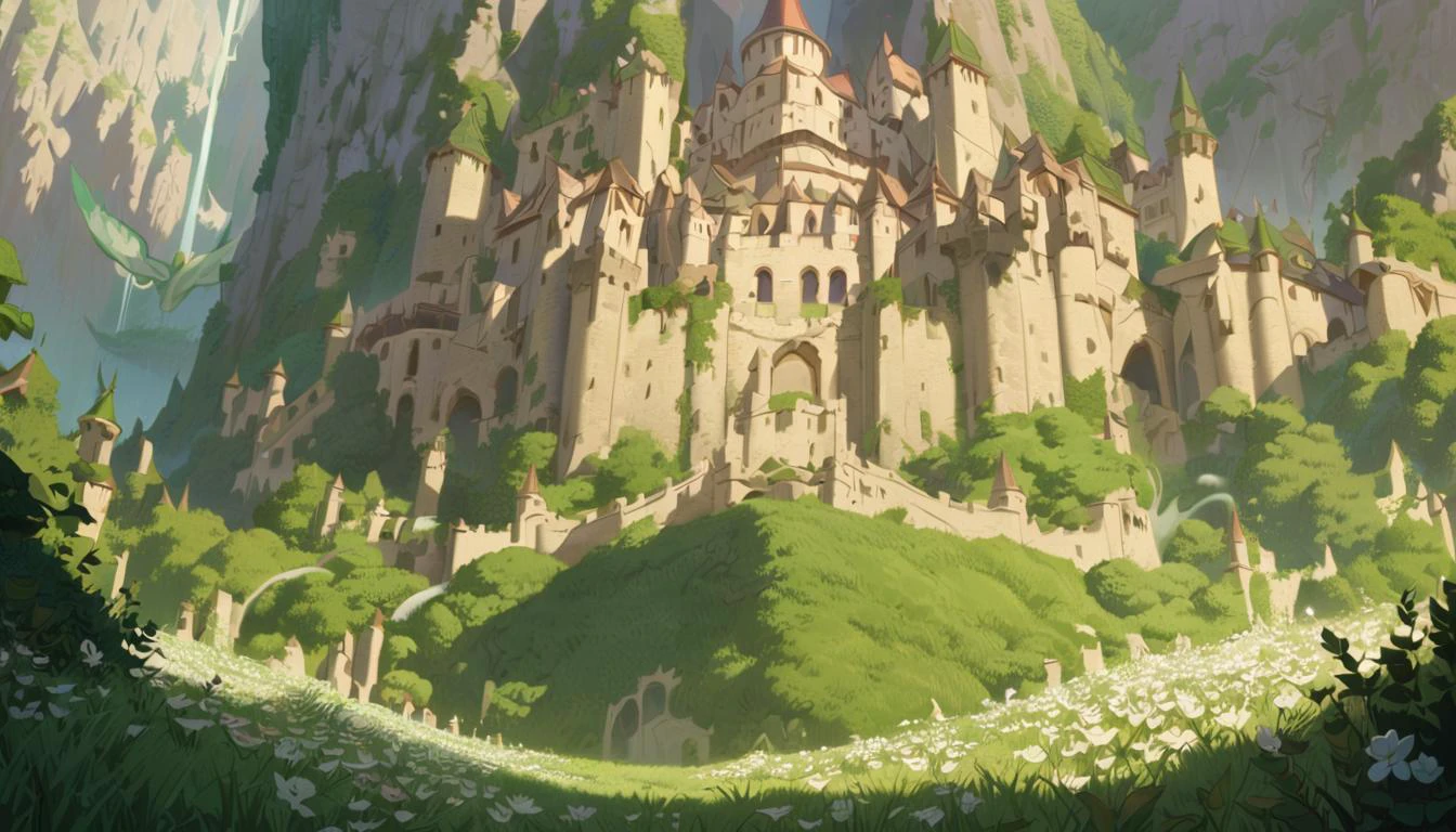 scenery,no humans,castle,nature,forest,tree,green theme,plant,grass,white flower,vines,fantasy,wide shot,moss,, masterpiece, best quality,