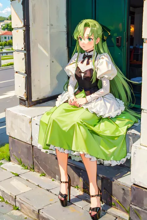 <lora:hentiangao_v1:0.8> high_heels, <lora:RtPL-Fia:1> Fia_(riviera), green eyes, green dress, very long hair, long hair, bow, dress, frills, frilled dress, long sleeves, puffy sleeves,, ultra detailed, masterpiece, best quality, aesthetic, detailed,