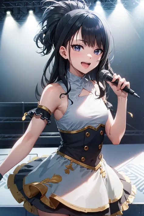 8k,best quality, highres,
happy, cowboy shot, looking at viewer, small breast,
hiori kazano, long hair, ponytail, half updo, hair ornament, frilled dress, bow, detached sleeves, holding, microphone, singing, indoors, stage lights, idol, (small crowd:1.5),
<lora:hiori_kazano_v1:1>