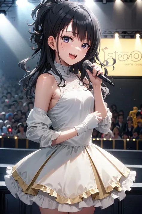 8k,best quality, highres,
happy, cowboy shot, looking at viewer, small breast,
hiori kazano, long hair, ponytail, half updo, hair ornament, frilled dress, bow, detached sleeves, holding, microphone, singing, indoors, stage lights, idol, (small crowd:1.5),
<lora:hiori_kazano_v1:1>