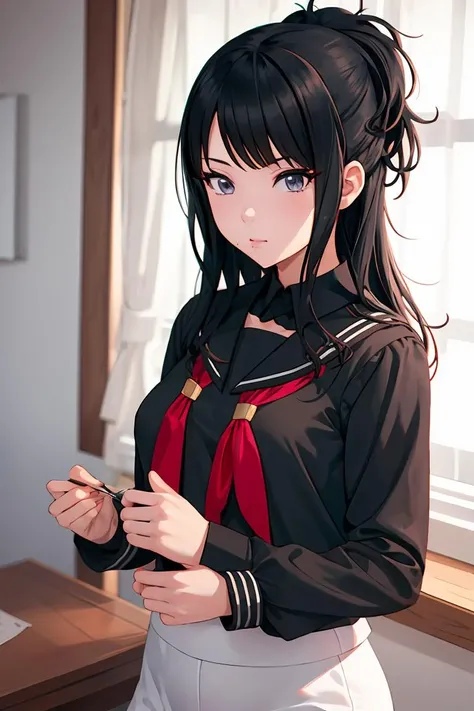 (masterpiece, best quality), 1girl, <lora:hiori_kazano_v1:1> hiori kazano, long hair , ponytail, black shirt, black sailor collar, long sleeves, red neckerchief, black skirt, white pantyhose