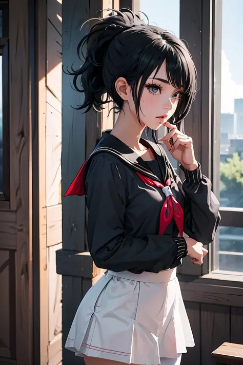 (masterpiece, best quality), 1girl, <lora:hiori_kazano_v1:1> hiori kazano, long hair , ponytail, black shirt, black sailor collar, long sleeves, red neckerchief, black skirt, white pantyhose