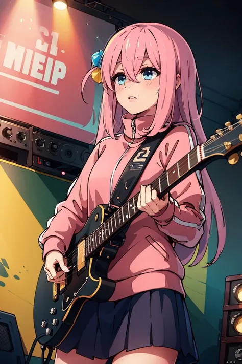 ((masterpiece,best quality)), gotou1, gotou hitori, solo, skirt, pink jacket, track jacket, bangs, hair between eyes, long sleeves, <lora:gotou_hitori_v1:0.7>, stage, holding instrument, guitar,