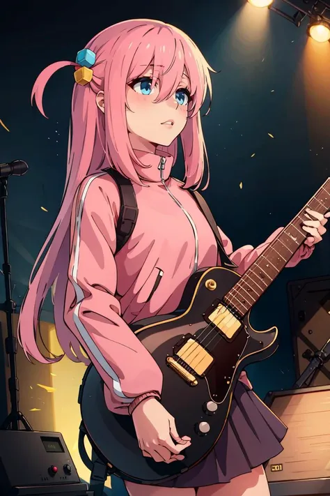 ((masterpiece,best quality)), gotou1, gotou hitori, solo, skirt, pink jacket, track jacket, bangs, hair between eyes, long sleeves, <lora:gotou_hitori_v1:0.7>, stage, holding instrument, guitar,