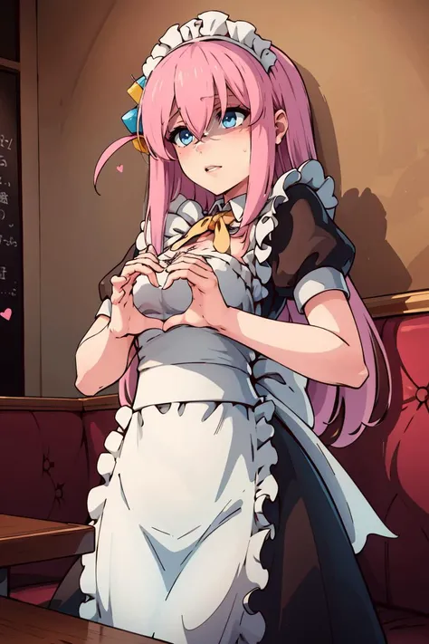 ((masterpiece,best quality)), gotou1, gotou hitori, solo, bangs, hair between eyes, short sleeves, maid, maid headdress, medium breasts, <lora:gotou_hitori_v1:0.7>, standing, restaurant, heart, heart hands, shaded face, sweatdrop, cowboy shot,