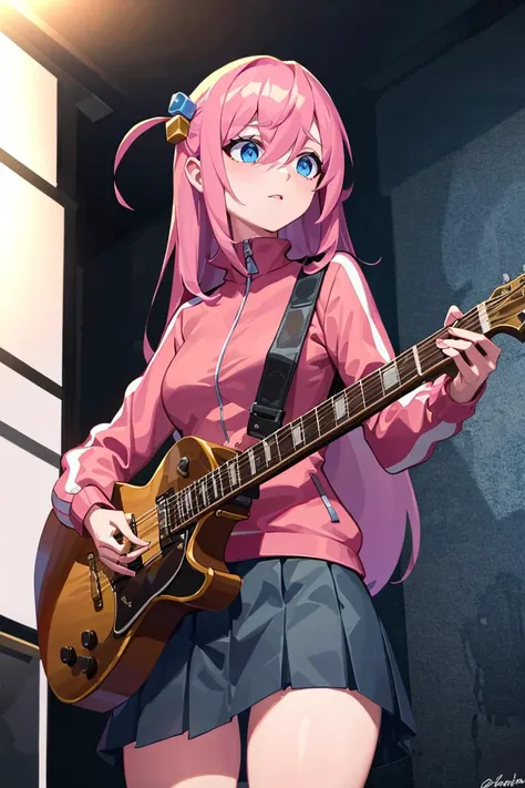<lora:Iota_v3:0.8>, ((masterpiece,best quality)), gotou1, gotou hitori, solo, skirt, pink jacket, track jacket, bangs, hair between eyes, long sleeves, <lora:gotou_hitori_v1:0.7>, stage, holding instrument, guitar,
