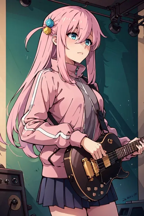 ((masterpiece,best quality)), gotou1, gotou hitori, solo, skirt, pink jacket, track jacket, bangs, hair between eyes, long sleeves, <lora:gotou_hitori_v1:0.7>, stage, holding instrument, guitar,
