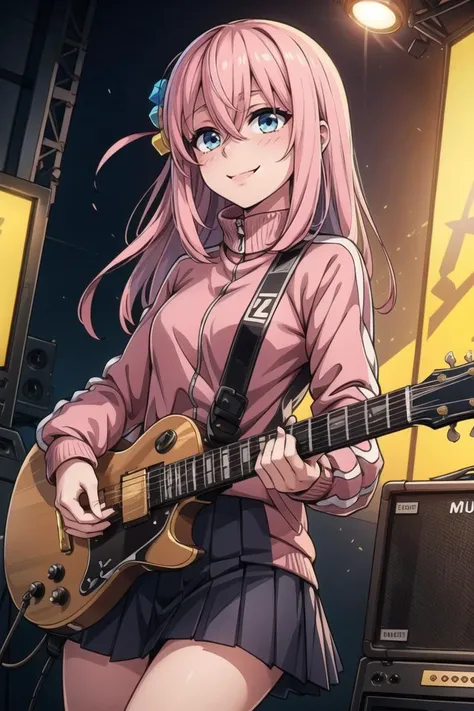 ((masterpiece,best quality)), gotou1, gotou hitori, solo, skirt, pink jacket, track jacket, bangs, hair between eyes, long sleeves, <lora:gotou_hitori_v1:0.7>, stage, holding instrument, guitar, smile, electricity, music notes,
