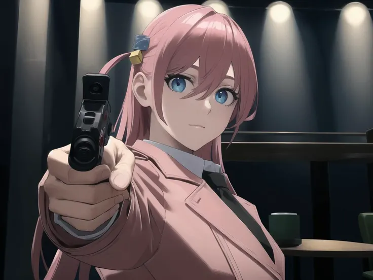 (masterpiece:1.2, best quality:1.2, 8k), ultra detailed, high res, bright pupil, beautiful:1.2, absurdres, perfect antomy, perfect face, perfect eyes,
1girl, solo, gotou1, gotou hitori, long hair, bangs, hair between eyes, (pink trench coat:1.2), looking at viewer, close mouth, poker face,
pistol:1.2, aiming at viewer, holding pistol,
detailed background, cafe, <lora:gotou_hitori_v1:0.7>