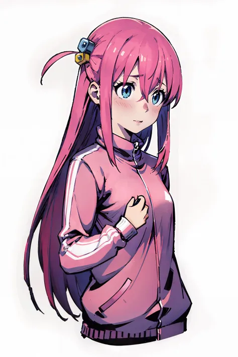 gotou hitori, 1girl, portrait, upper body, cute, pink_hair, pink_background, simple background, blue_eyes, tracksuit, nervous, shy, electric guitar, <lora:gotou_hitori_v1:0.8>